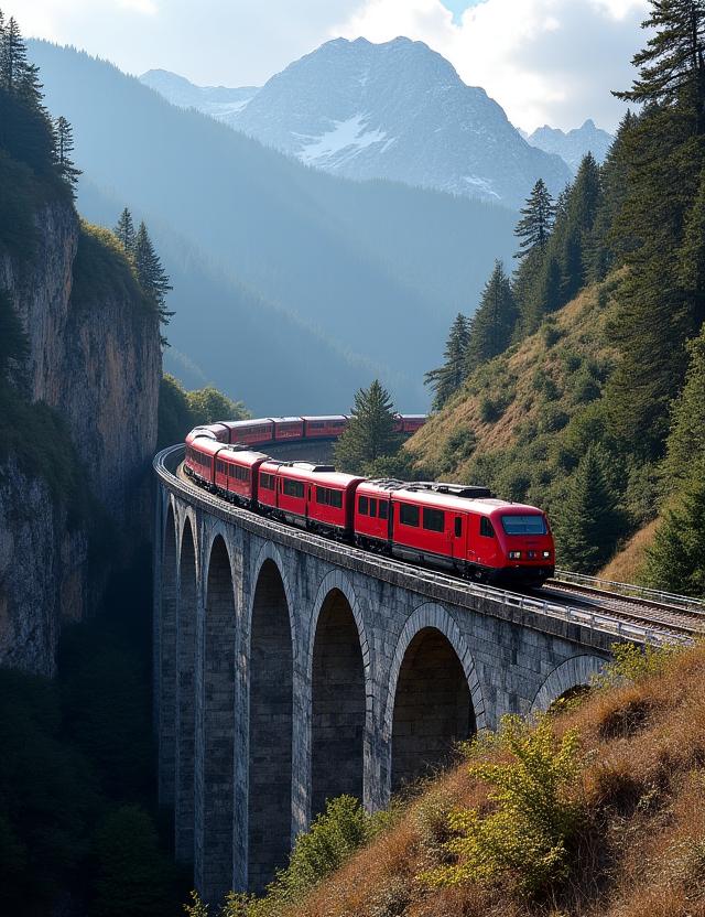 Zug der Rhätischen Bahn überquert einen Viadukt