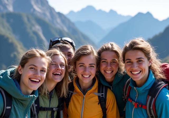 Eine glückliche Wandergruppe in den Schweizer Alpen